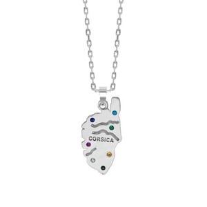 925 Sterling Silver and Cubic Zirconia Corsica Island pendant, silhouette of Corsica, Corse island. Handmade. Mediterranean soul necklace.