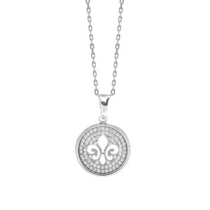 Fleur de Lis circular Pendant in 925 Silver and white cubic zirconias, handmade. Fleur de Lys symbol of elegance. Chain included.