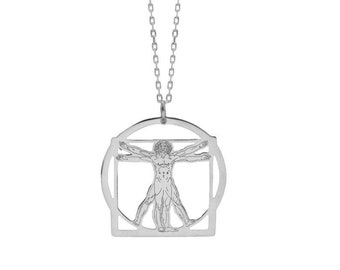 Vitruvianske mannen av Leonardo Da Vinci-hänge i 925 sterlingsilver, handgjort. Laserteknik, symbol för harmoni. Kedja ingår i present.