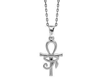 Eye of Rad and Ankh cross pendant in sterling silver, handmade. Ancient Egypt symbol. Eye of Horus and Anj. Chain included as a gift.