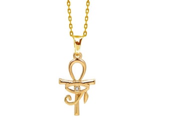 Eye of Rad and Ankh cross pendant Gold Plated 18k, handmade. Ancient Egypt symbol. Eye of Horus and Anj. Chain included as a gift.