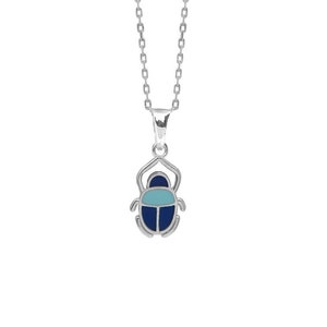 Sacred Scarab pendant, sterling silver with blue enamel. Emblematic symbols of ancient Egypt. Chain included. Sacred scarab beetle amulet.