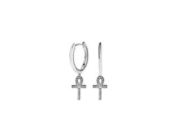 Sterling Silver 925 Egyptian Cross Hoop Earrings with CZ, handmade. Ancient Egypt Symbols. Ankh cross earrings. Egyptian mythological amulet