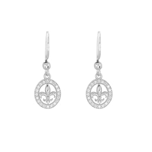 Ovale oorbellen fleur de lys, elegant zilver en zirkonen fleur de lys, bloemenoorbellen, heraldische sieraden, juwelen voor dames en tieners