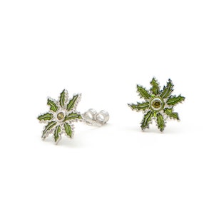 May include: A pair of silver earrings with green enamel and a small clear stone in the center of each earring.