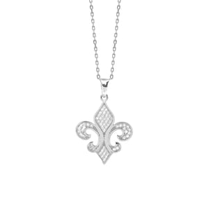 Peut inclure: Collier en argent avec un pendentif en forme de fleur de lys incrusté de pierres de zircone cubique transparentes.