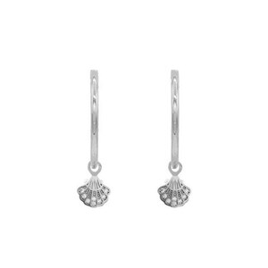 May include: Silver hoop earrings with a small, detailed seashell charm hanging from each hoop.