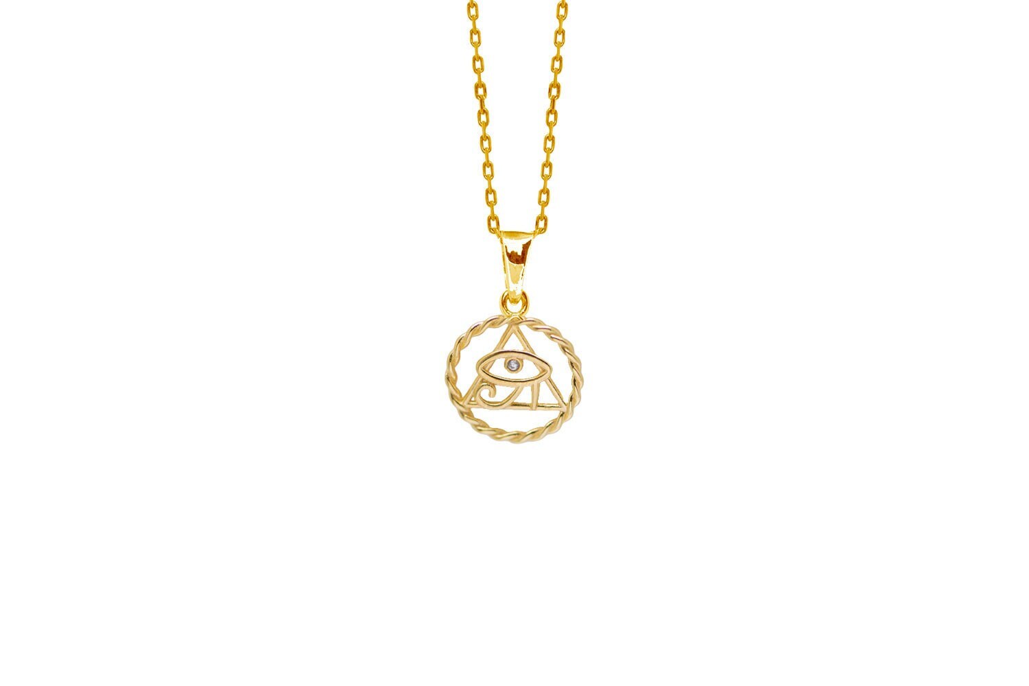 Eye of Ra circle pendant Gold Plated 18k, handmade. Wedjat eye simbol of Ancient Egypt. Eye of Ra, represents well-being. Chain included.