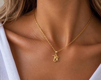 May include: A gold-toned necklace featuring a delicate chain and a small, stylized snake pendant. The pendant has a smooth, polished finish and hangs centrally from the chain, which rests against the collarbone area of the neck.