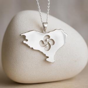 Puede incluir: Un collar con colgante de plata que presenta un contorno detallado de una región, con un símbolo estilizado en el centro. El colgante cuelga de una cadena delicada, sobre un fondo neutro.