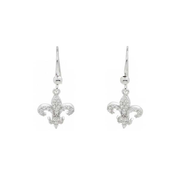 Pendientes Flor de Lys de Plata con Circonitas Blancas - Símbolo Heráldico - Joyería Quebec - Joyas con Brillo - Joya Día de la Madre