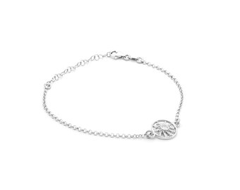 Pulsera Flor Eguzkilore de Plata rodiada con circonita blanca, Pulsera Flor del Sol, Joyería Vasca, Regalo Mamá, Euskal bitxia Eguzkilore