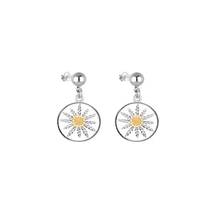 May include: Silver dangle earrings with a round, white daisy design with a gold center.