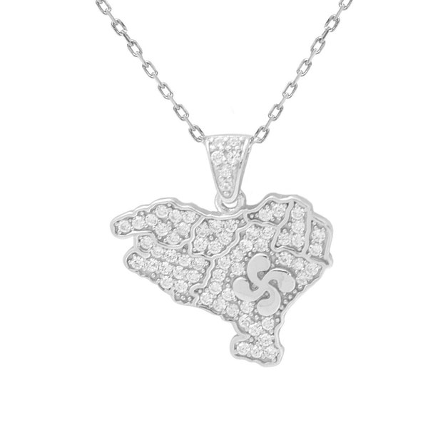 Pendentif Carte Euskal Herria avec Lauburu -Lauburu argent et zircones -Chaîne cadeau incluse -Carte Pays Basque -Bijoux basques /000314