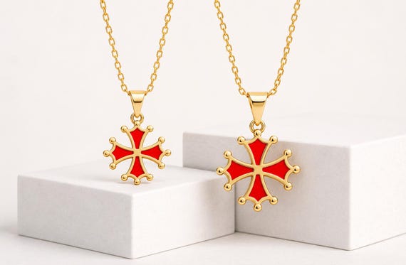 Occitan Cross Necklace Pendant 18K Gold Plated With Red Enamel
