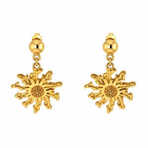 May include: A pair of gold-toned drop earrings featuring a polished spherical stud connected to a dangling sun-shaped charm. The sun charm has a textured, beaded center surrounded by radiating, organic-shaped rays with a smooth, reflective finish.