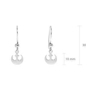 May include: A pair of silver Rebel Alliance symbol earrings. Each earring is 30 mm long and 10 mm wide.