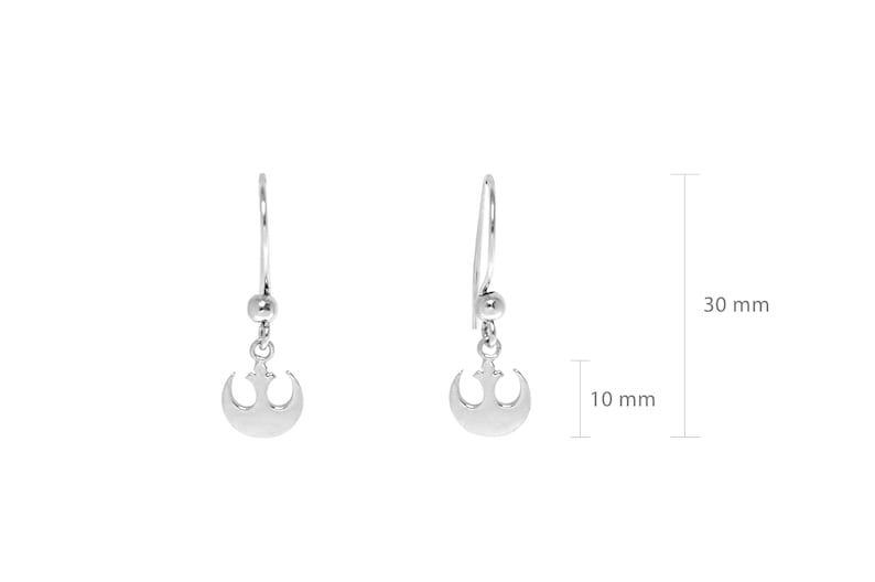 May include: A pair of silver Rebel Alliance symbol earrings. Each earring is 30 mm long and 10 mm wide.