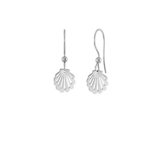 May include: Silver dangle earrings with a delicate seashell design.