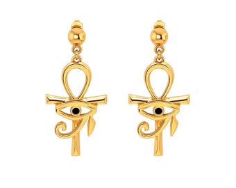 Örhängen med Horus öga och egyptiskt kors (Ankh-kors) i 18K guldplätering, handgjorda. Forntida egyptisk symbolik. Ra's öga.