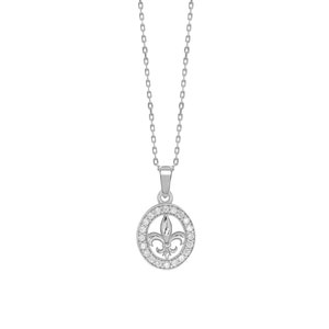 Colgante ovalado con Flor de Lys de Plata y circonitas, Joyas hechas a mano, Regalo Novia, Símbolo medieval, Cadena regalo incluída