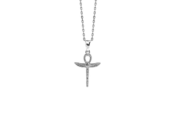 Ciondolo Libellula e Croce Ankh Egizia in Argento, fatto a mano. Simboli Egiziani. Ciondolo Dea Mut. Catena inclusa come regalo. - Italia