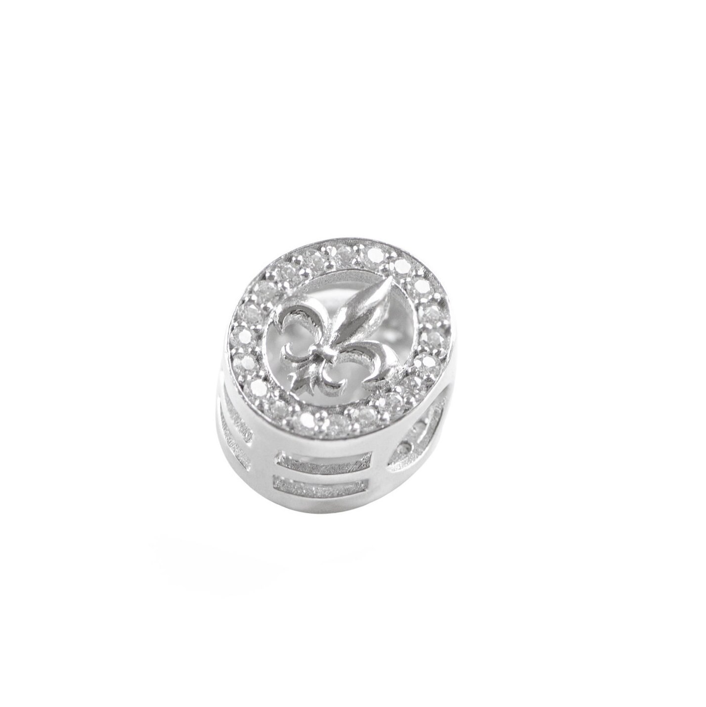 Silver charm with die cut Flower of Lys and white zircons, Fits Pandora Bracelet, Elegant for girlfriend, Heraldic oval or circular charm