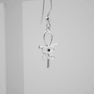 Eye of Horus and Egyptian Cross (Ankh cross) Earrings in sterling silver 925 with CZ, handmade. Ancient Egyptian symbolism. Eye of Ra.