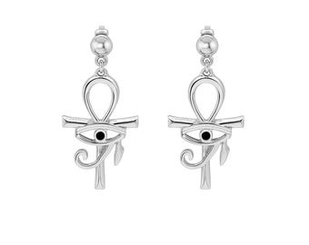 Horus öga och egyptiskt kors (Ankh-kors) örhängen i sterlingsilver 925 med CZ, handgjorda. Forntida egyptisk symbolik. Ra's öga.