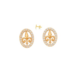 Orecchini ovali Fleur de Lys placcati in oro 18K con zirconi cubici bianchi, orecchini a forma di fiore di giglio. Gioielli simbolo Fleur de Lys.