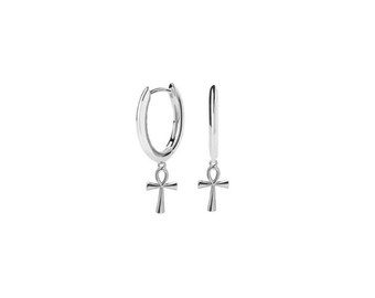 Sterling Silver 925 Egyptian Cross Hoop Earrings, handmade. Ancient Egypt Symbols. Ankh cross earrings. Egyptian mythological amulet.