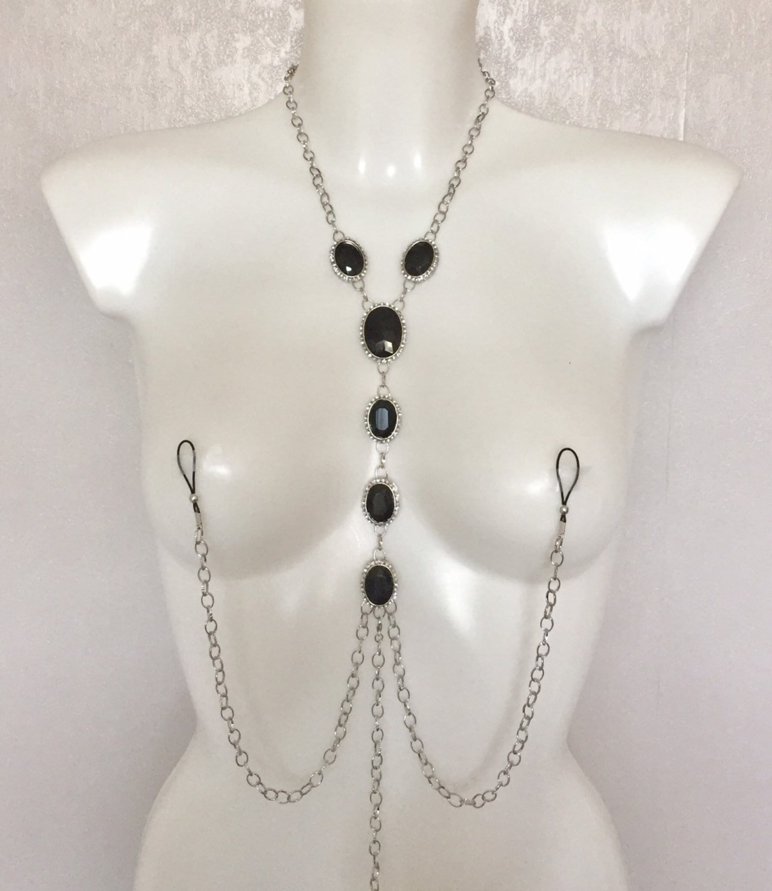 Sexy body chain, necklace with Non piercing nipple chains and attached clit...