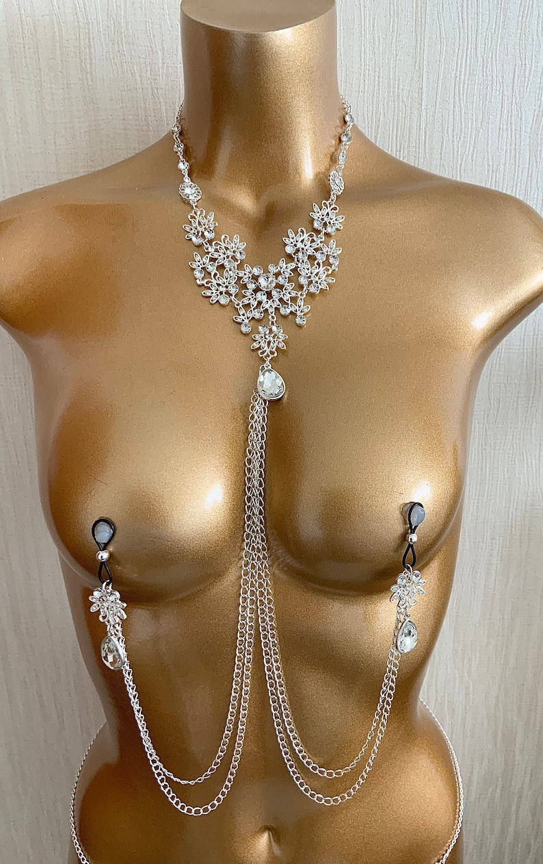 Sexy belt chain set with rhinestones crystals sexy body chain and nipple dangles belly chain nipple jewelry body chain with crystal lingerie image 8