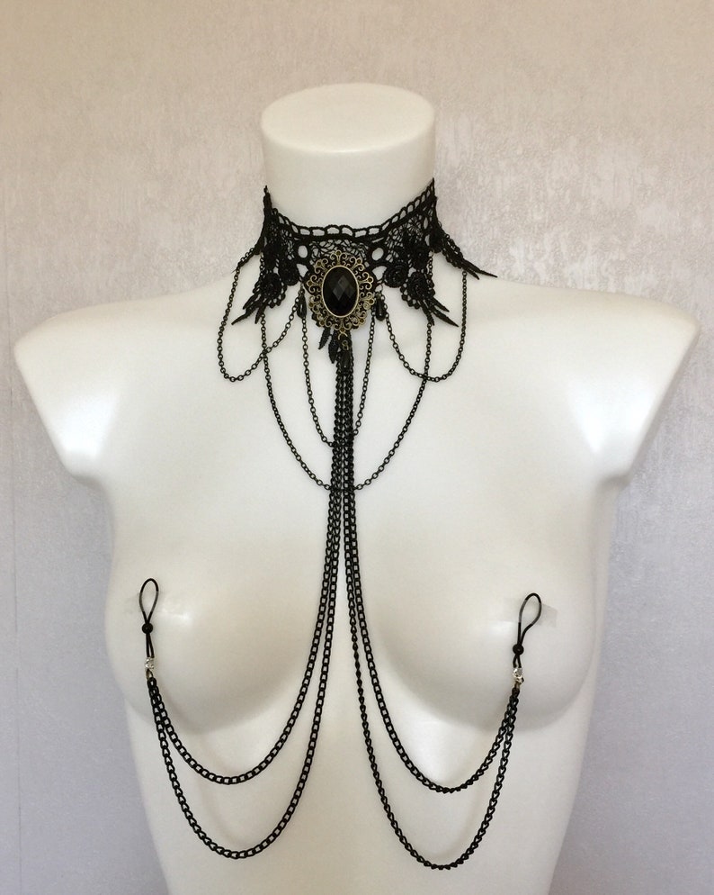 Choker Necklace with nipple chainsnon piercing nipple rings 5 - изображение...
