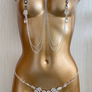 Sexy belt chain set with rhinestones crystals sexy body chain and nipple dangles belly chain nipple jewelry body chain with crystal lingerie image 6