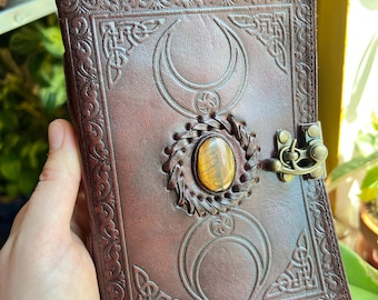 Embossed Leather Journal with Tiger's Eye Stone for Grimoire or Book of Shadows