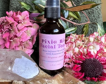 PIXIE MIST Facial Toner Astringent Spray for Cleansing and Brightening Skin with Rose Infused Witch Hazel, Essential Oils, & Garnet Crystal