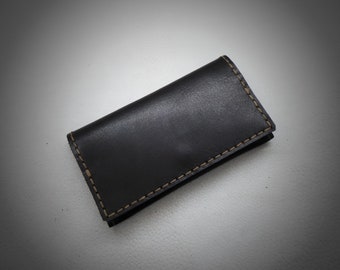 Handmade Leather Tobacco Pouch (Black) Bifold with snap button, Handcrafted Rolling Cigarettes Case, Waxed Cowhide
