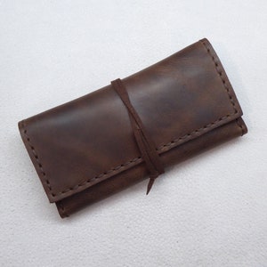 Handmade Leather Tobacco Pouch, Dark Brown Handcrafted Rolling Cigarettes Case, Waxed Cowhide