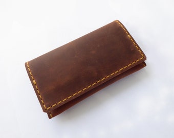 Handmade Leather Tobacco Pouch (Brown) Bifold snap button, Handcrafted Rolling Cigarettes Case, Waxed Cowhide
