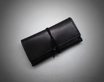 Handmade Leather Tobacco Pouch Black Handcrafted Rolling Cigarettes Case Waxed Cowhide
