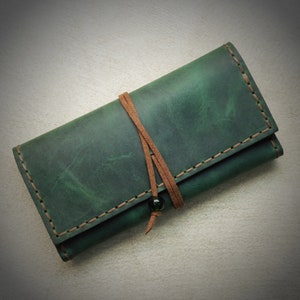 Handmade Leather Tobacco Pouch, Green Handcrafted Rolling Cigarettes Case, Waxed Cowhide