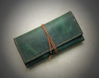 Handmade Leather Tobacco Pouch, Green Handcrafted Rolling Cigarettes Case, Waxed Cowhide