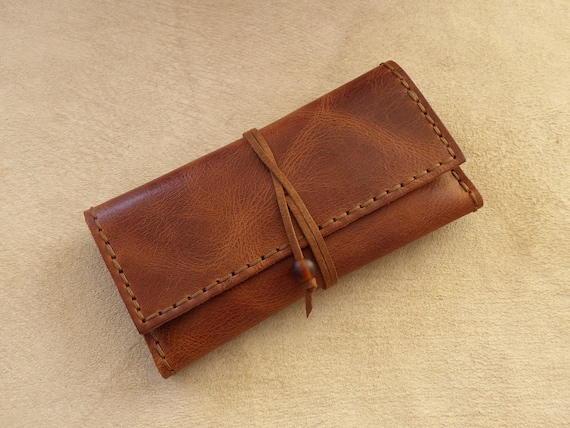 Handmade Leather Tobacco Pouch, Tobacco Brown, Handcrafted Rolling Cigarettes Case, Waxed Cowhide