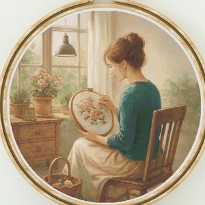 Een vrouw die in haar kamer kruissteekt Patroon geteld moderne kruissteek kruissteekpatroon pdf