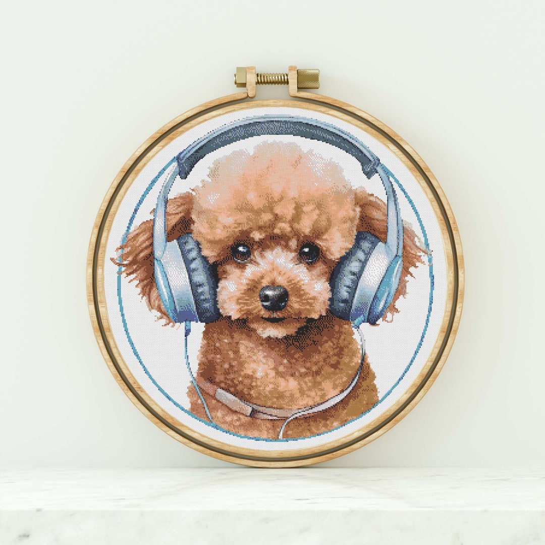 Toy Poodle With Blue Headphones Cross Stitch Pattern Poodle Dog Counted Cross Stitch Modern Cross Stitch Animal