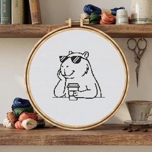 Cool Capybara Cross Stitch Pattern, Funny Embroidery, Sunglasses & Coffee Line Art, Digital Download PDF, Countable Pixel Chart