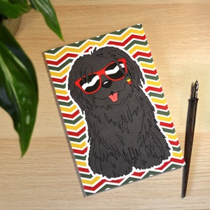 May include: A black and white illustration of a dog wearing red sunglasses on a yellow, green and red chevron background.