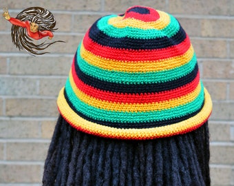 Rasta Bucket Style Hat - Striped Red Gold Green Knitted Tam