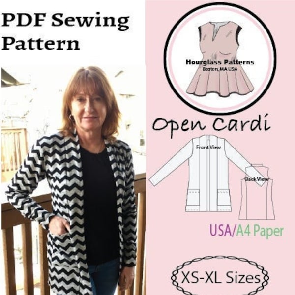 Hourglass Patterns©: Boyfriend Open Cardigan with back princess seams and pockets PDF instant download pattern.  Size XS-XL.  Women's Sewing